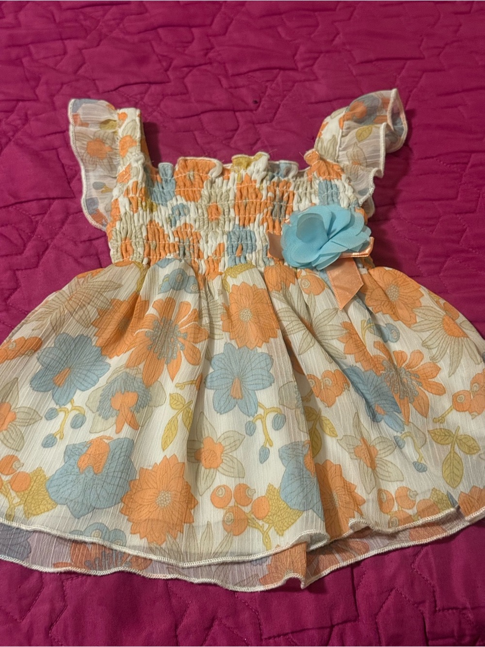 Girls Floral Smocked Sundress with Blue Flower Accent - Orange & Light Blue